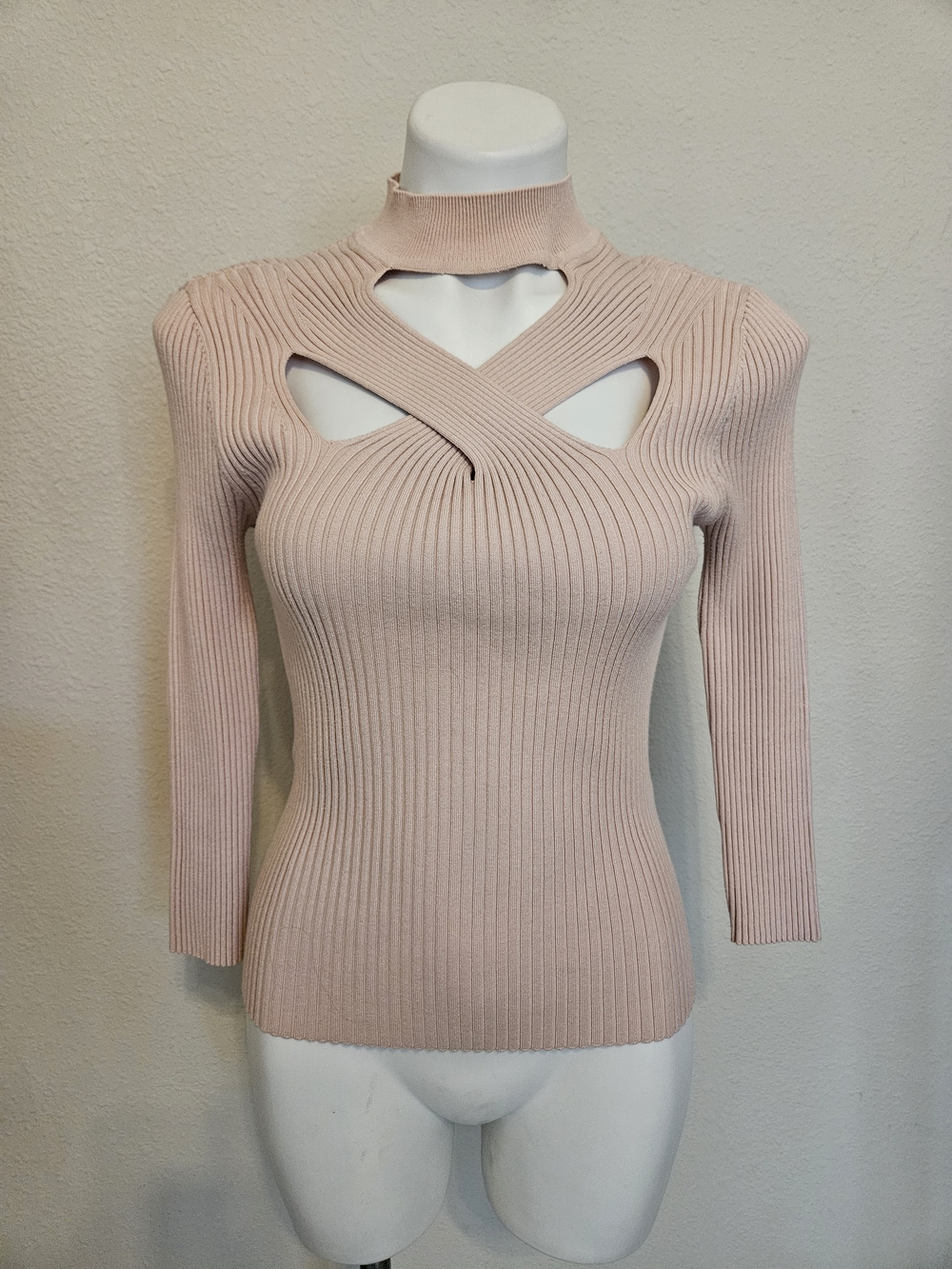 WhBM Ribbed Cutout Mock Neck Sweater - Blush Pink